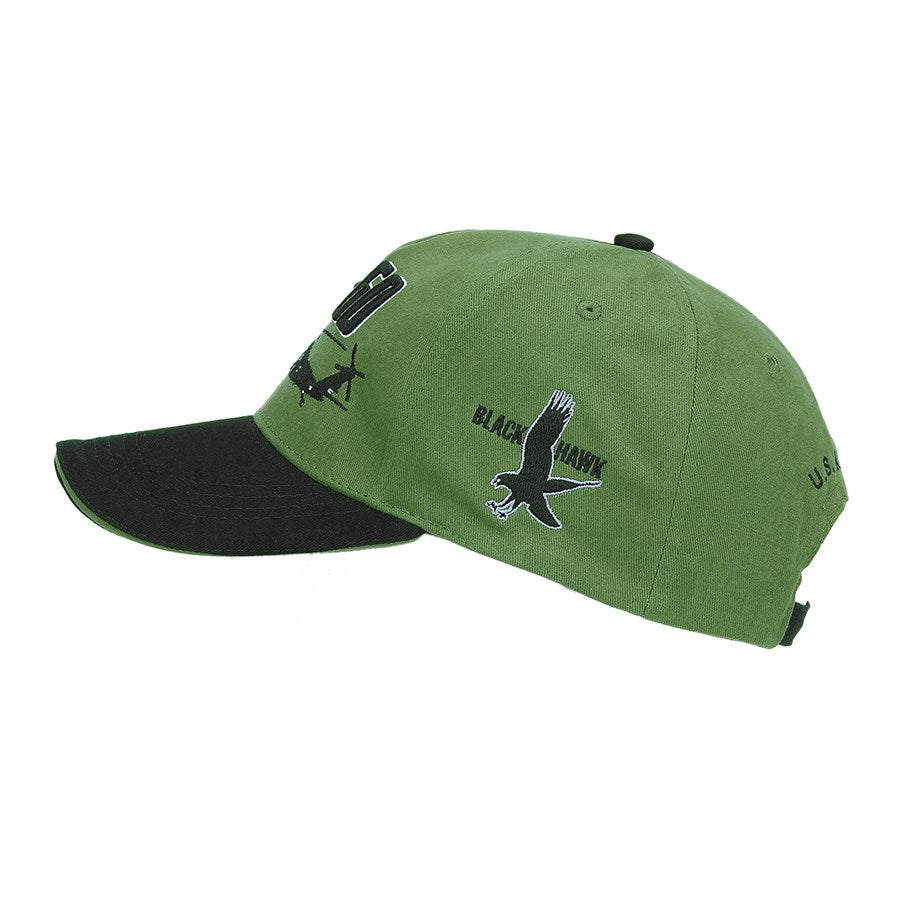 Gorra de béisbol verde claro con visera negra y motivo UH-60 Blackhawk
