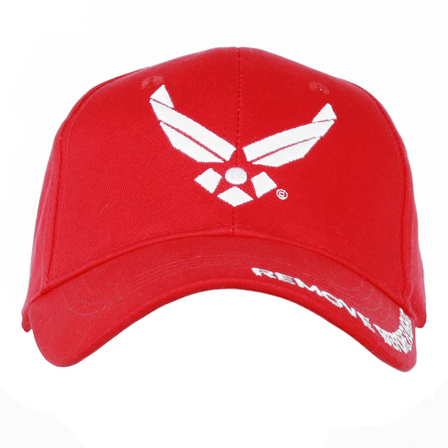 Gorra de béisbol roja con texto 'Remove Before Flight' y emblema bordado AIRFORCE