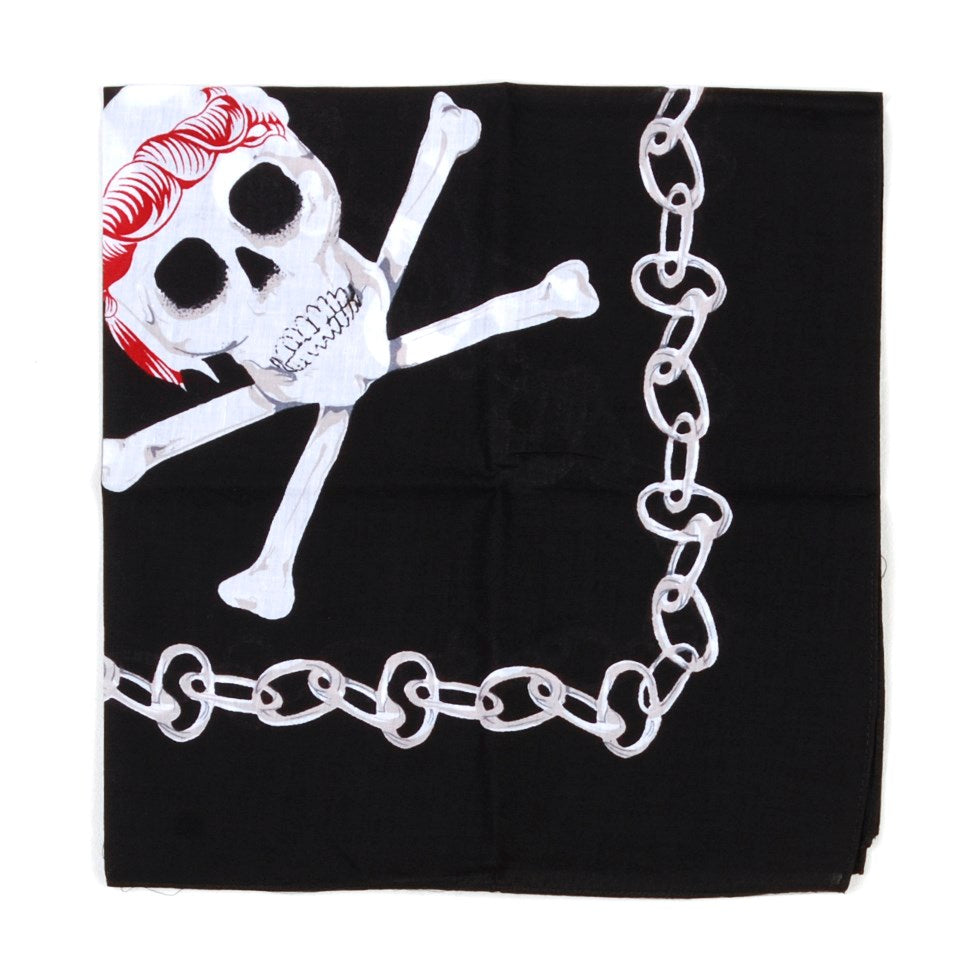 Pañuelo de algodón negro con calaveras y borde de cadena 55 x 55 cm