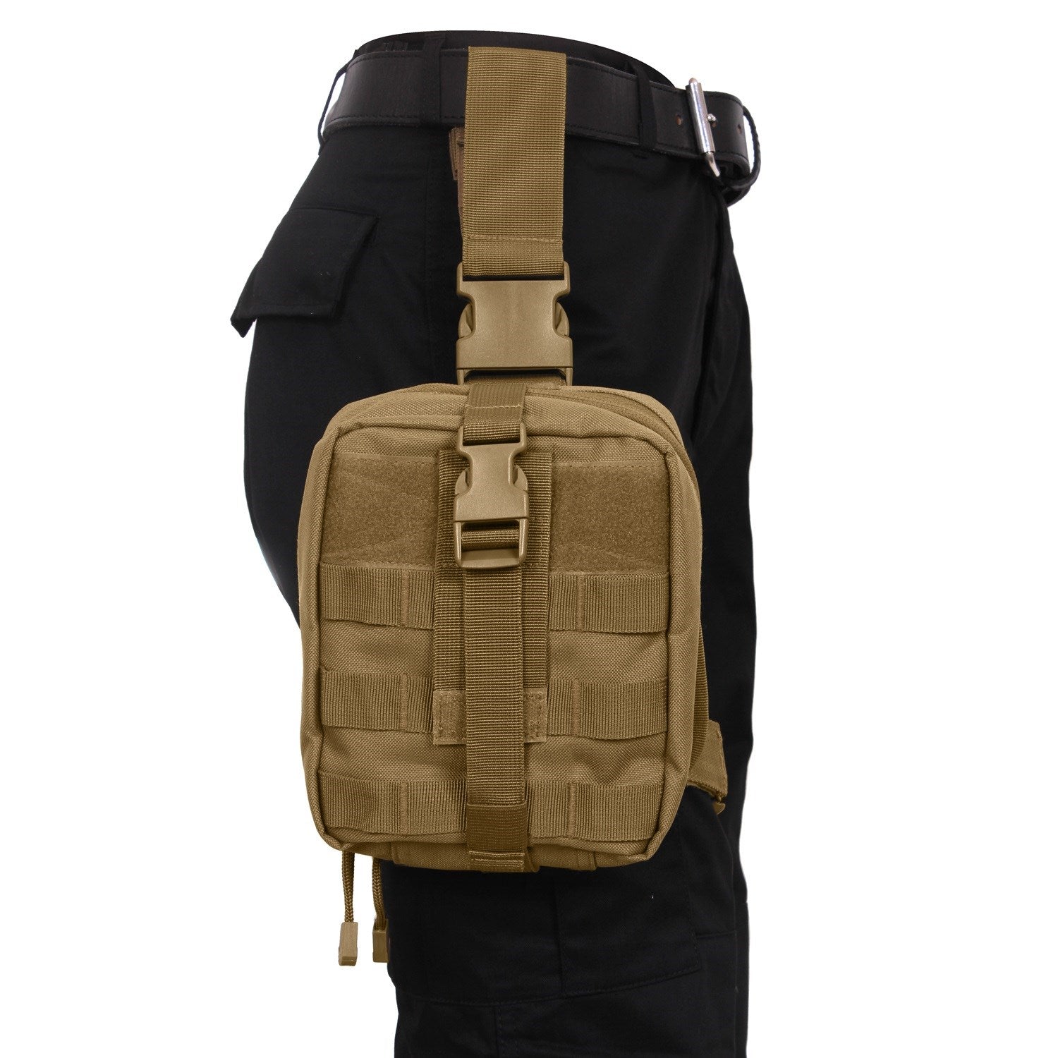 Funda sanitaria para muslo MOLLE desplegable abierta mostrando tres secciones
