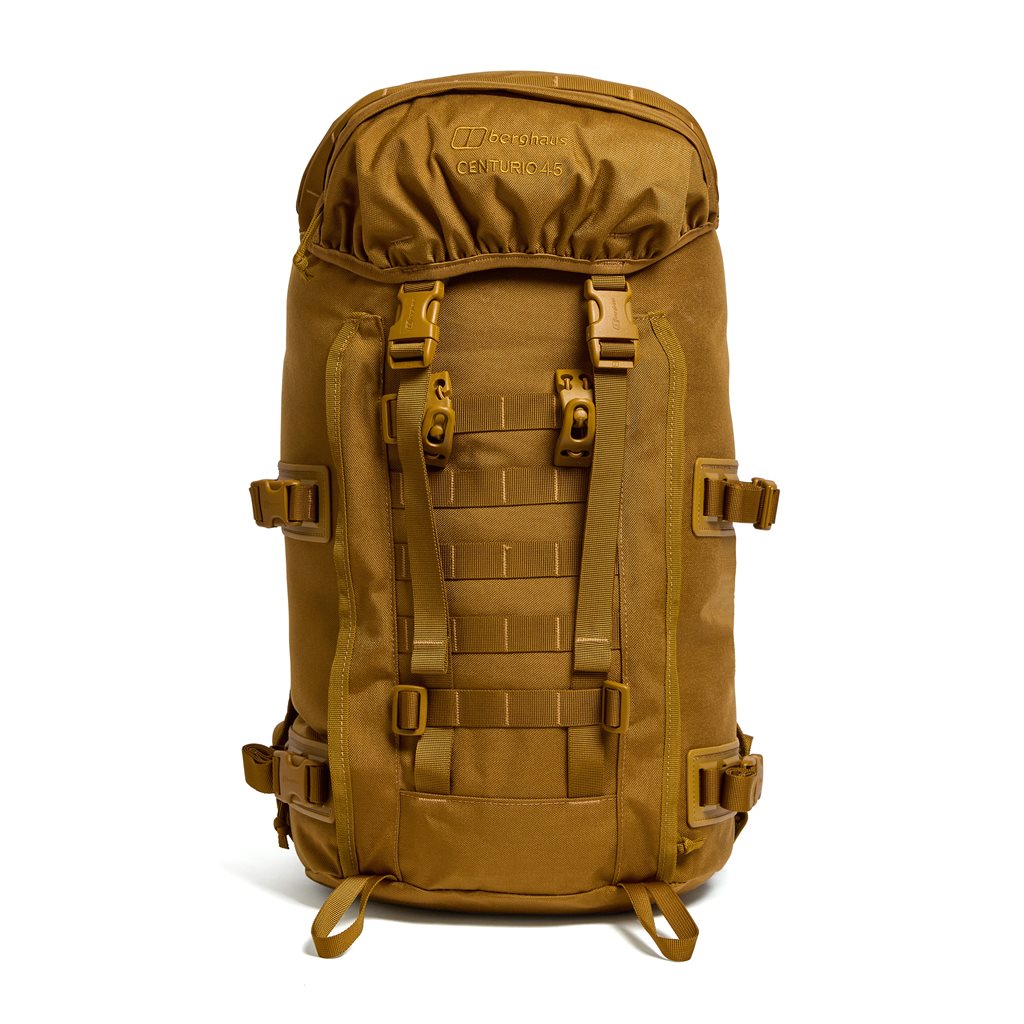 Foto de la mochila MMPS Centurio II 45L Berghaus mostrando el sistema MMPS y varios compartimentos