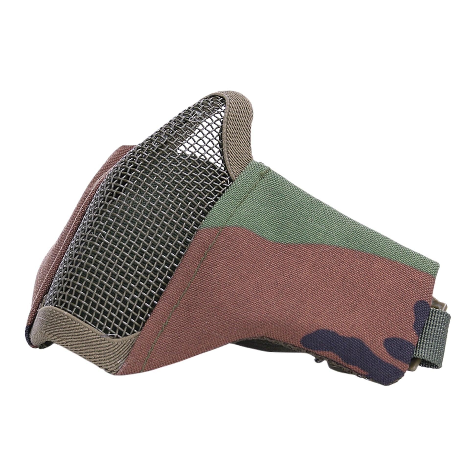Máscara AIRSOFT acolchada con rejilla metálica frontal, correa elástica, materiales nylon y metal