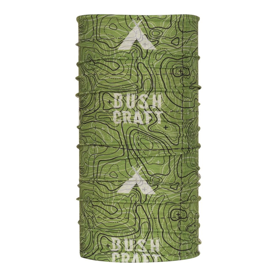 Pañuelo tubular multifuncional verde CoolMax con estampado Bushcraft y motivos de actividades al aire libre