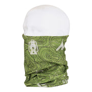Pañuelo tubular multifuncional verde CoolMax con estampado Bushcraft y motivos de actividades al aire libre