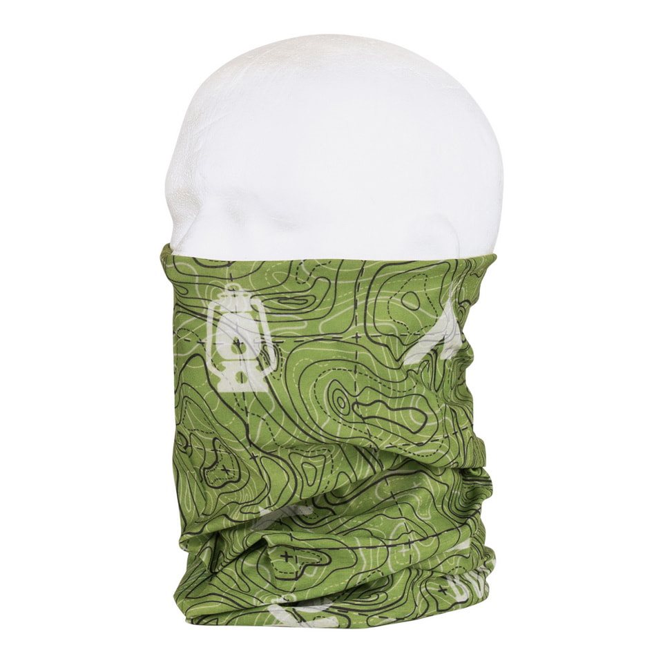 Pañuelo tubular multifuncional verde CoolMax con estampado Bushcraft y motivos de actividades al aire libre