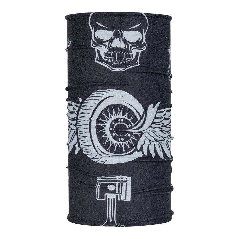 Pañuelo multifuncional BIKER CoolMax negro en forma de túnel con estampado motero