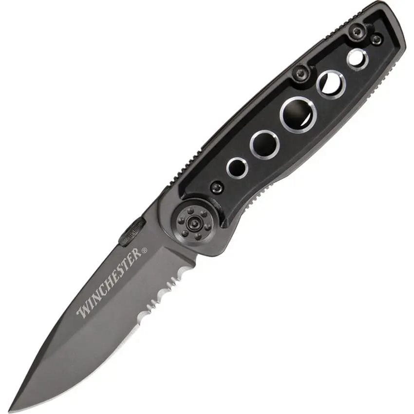 Navaja plegable PARFIVE con hoja combinada y cachas de madera negra, 9,5 cm cerrada