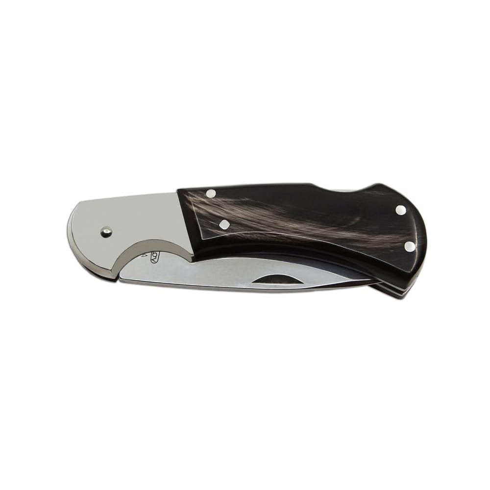 Cuchillo plegable SAVAGE HABLOCK acero 440A, asta de bufalo, hoja 80 mm, con funda de cuero
