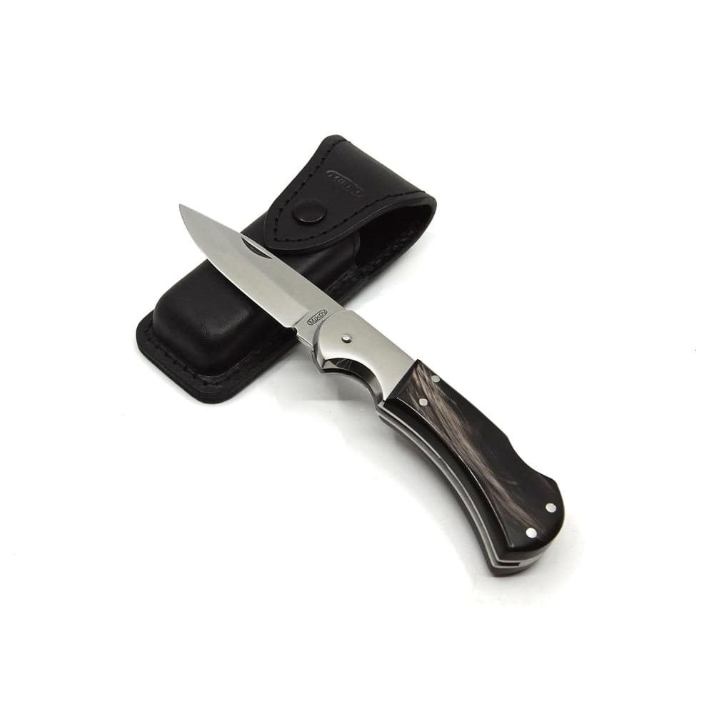 Cuchillo plegable SAVAGE HABLOCK acero 440A, asta de bufalo, hoja 80 mm, con funda de cuero