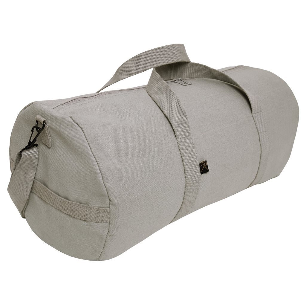 Bolsa bandolera cilíndrica gris 60x30 cm, algodón resistente, cierre de cremallera y correa ajustable