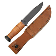 Cuchillo MARK I USN con funda de cuero, hoja recubierta negra y empuñadura de cuero