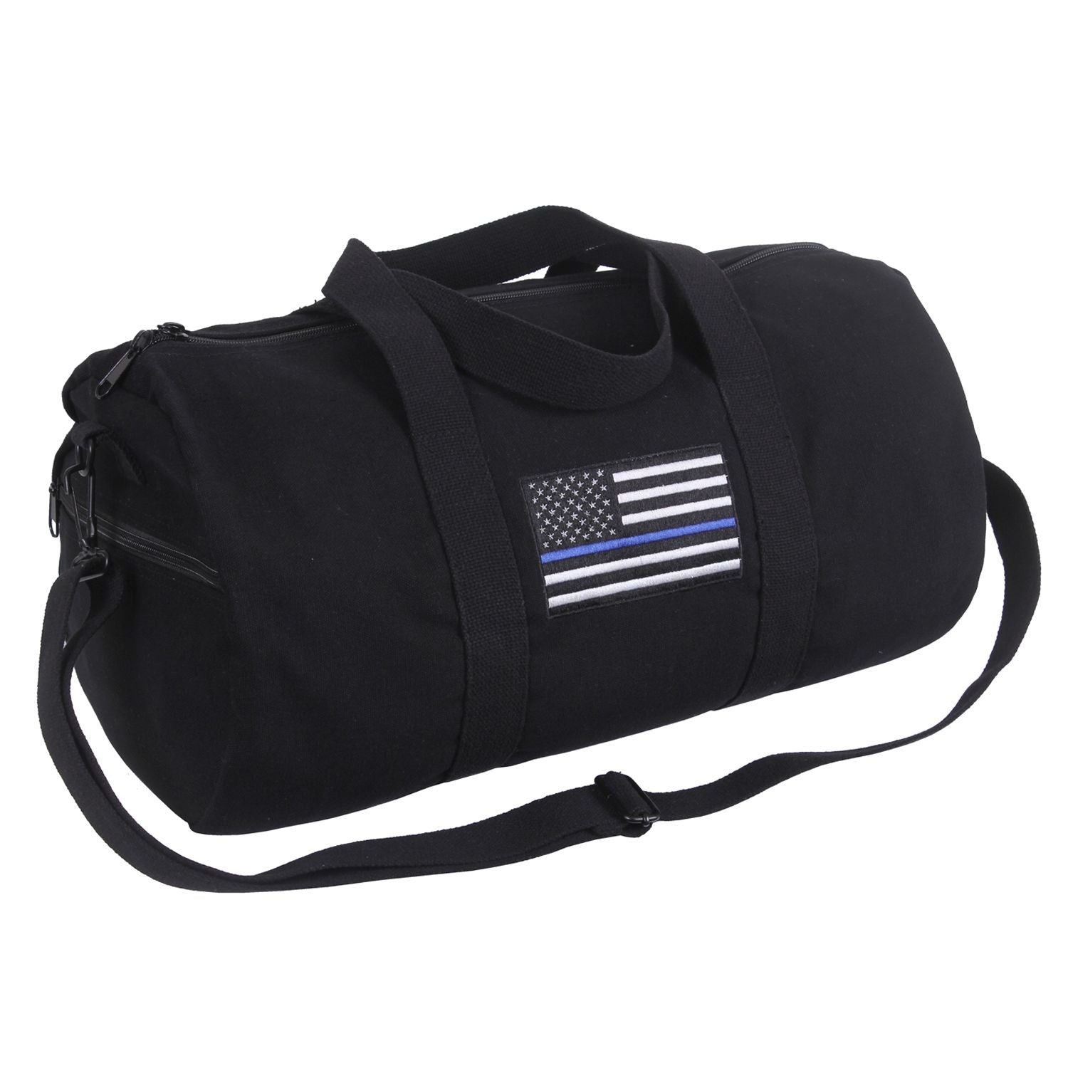 Bolsa deportiva de lona negra con bandera USA 'Blue Line', correa ajustable y desmontable, 48 x 23 cm