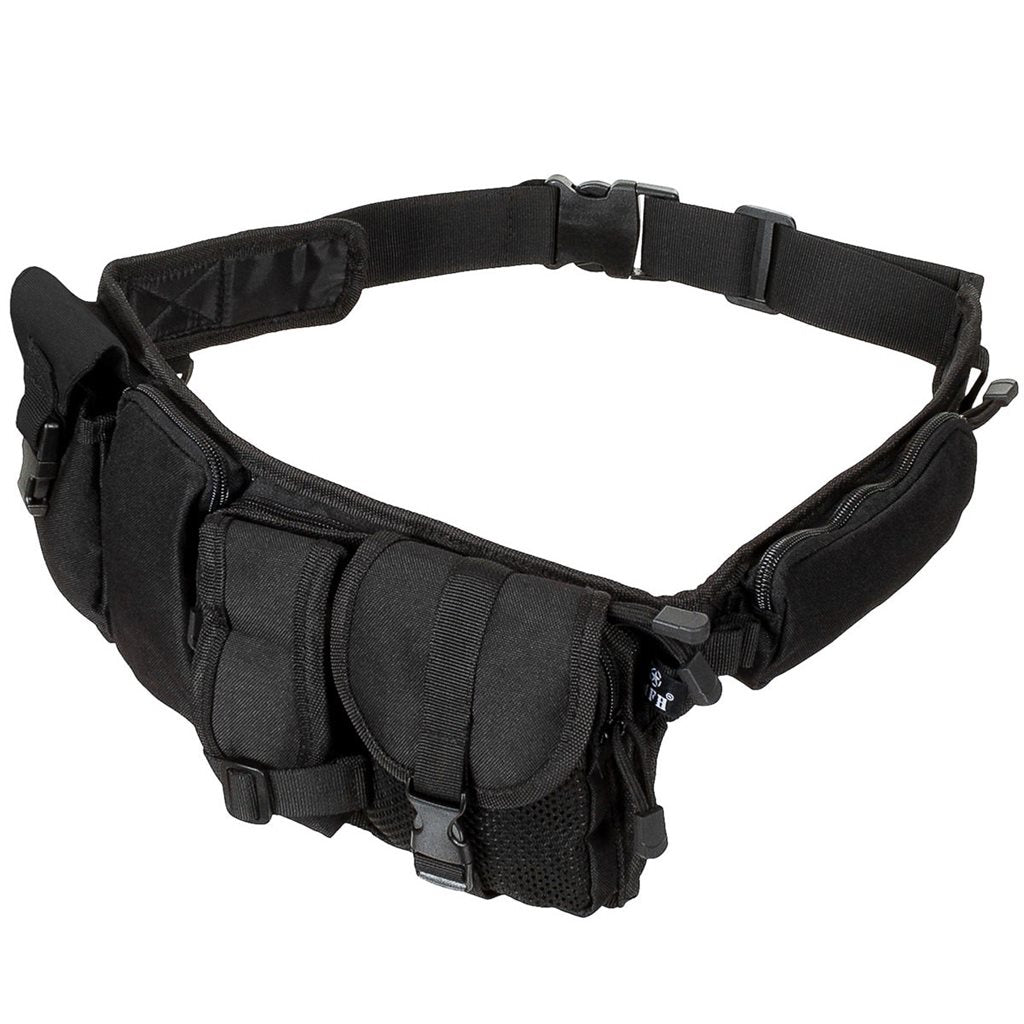 Cinturón negro con fundas y bolsillos