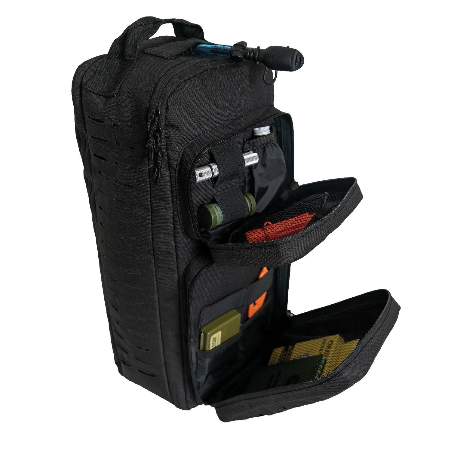 Mochila sling táctica MOLLE negra, 23 litros, poliéster 600D, bolsillo para bolsa de hidratación y dos bolsillos frontales