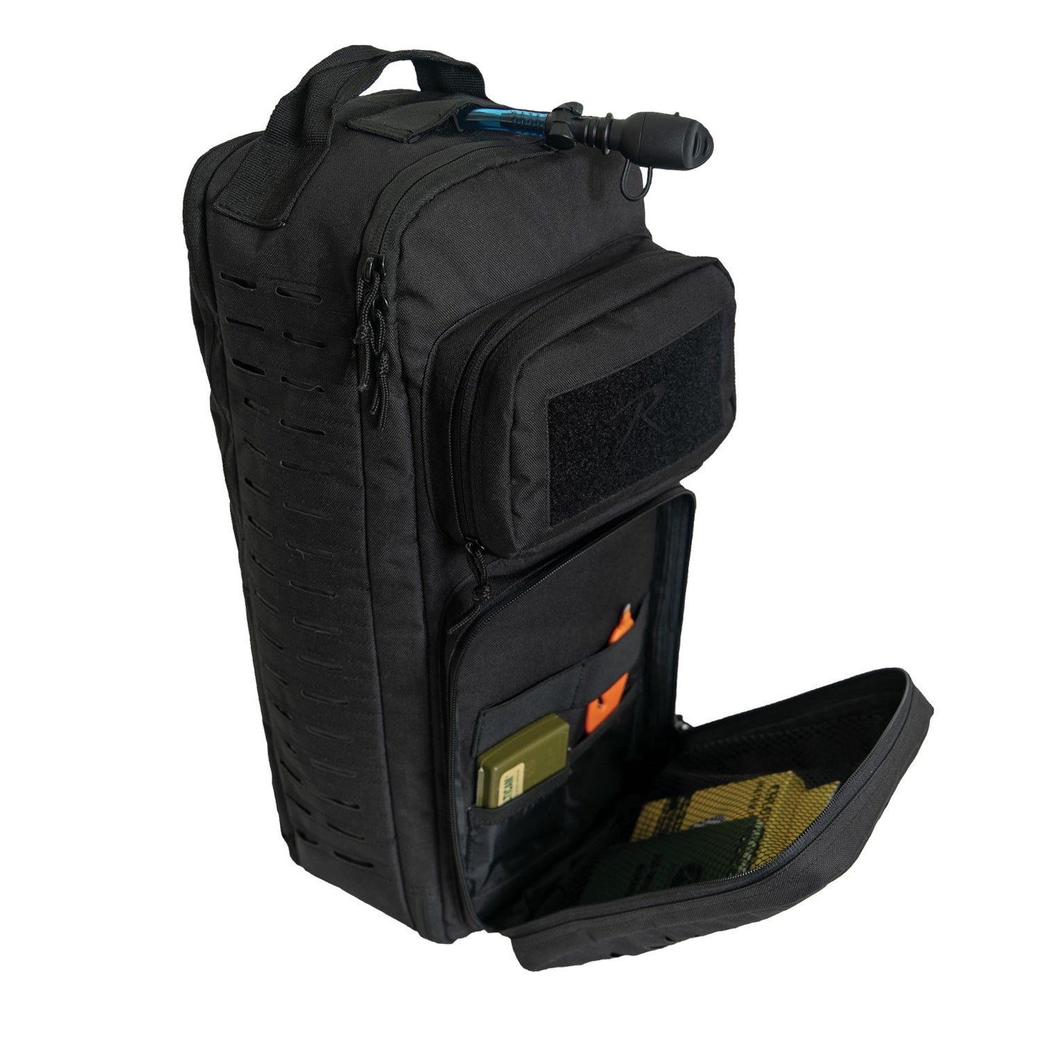 Mochila sling táctica MOLLE negra, 23 litros, poliéster 600D, bolsillo para bolsa de hidratación y dos bolsillos frontales