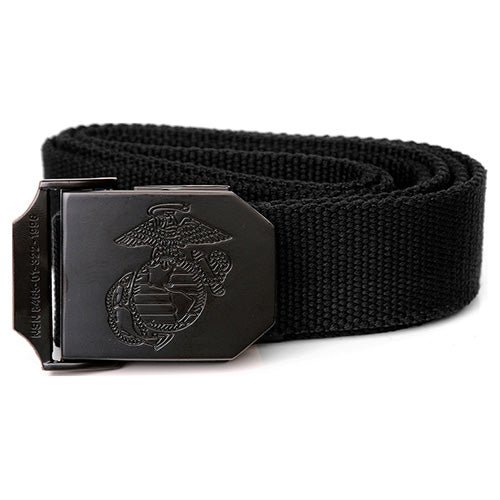 Cinturón USMC negro de algodón con hebilla metálica grabada
