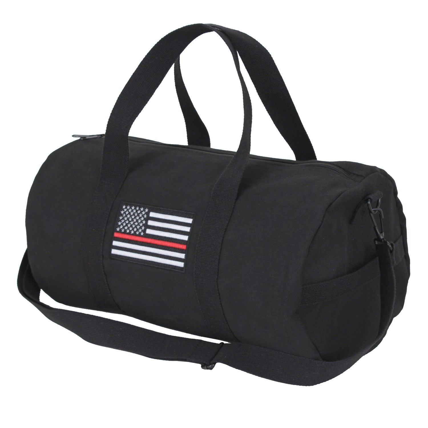 Bolsa deportiva negra con bordado bandera EEUU y franja roja, asas y correa ajustable desmontable, algodon, 48x23 cm