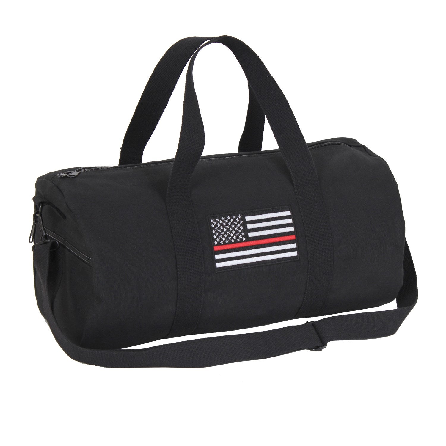 Bolsa deportiva negra con bordado bandera EEUU y franja roja, asas y correa ajustable desmontable, algodon, 48x23 cm