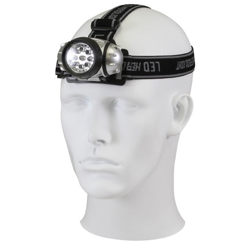 Linterna frontal ligera de plástico, 9 LED, correas ajustables, modo destello, incluye 3 pilas AAA