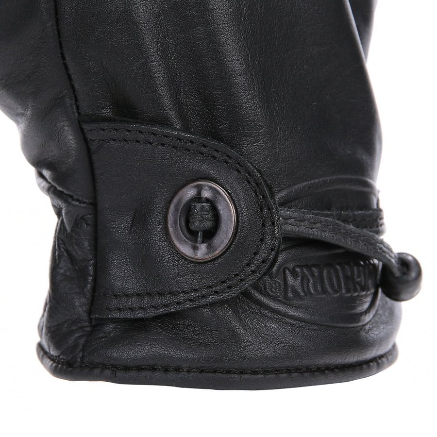 Guantes Rodeo Longhorn de cuero negros, vista frontal con logo en la muñeca