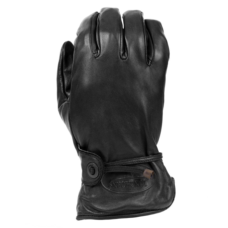 Guantes Rodeo Longhorn de cuero negros, vista frontal con logo en la muñeca