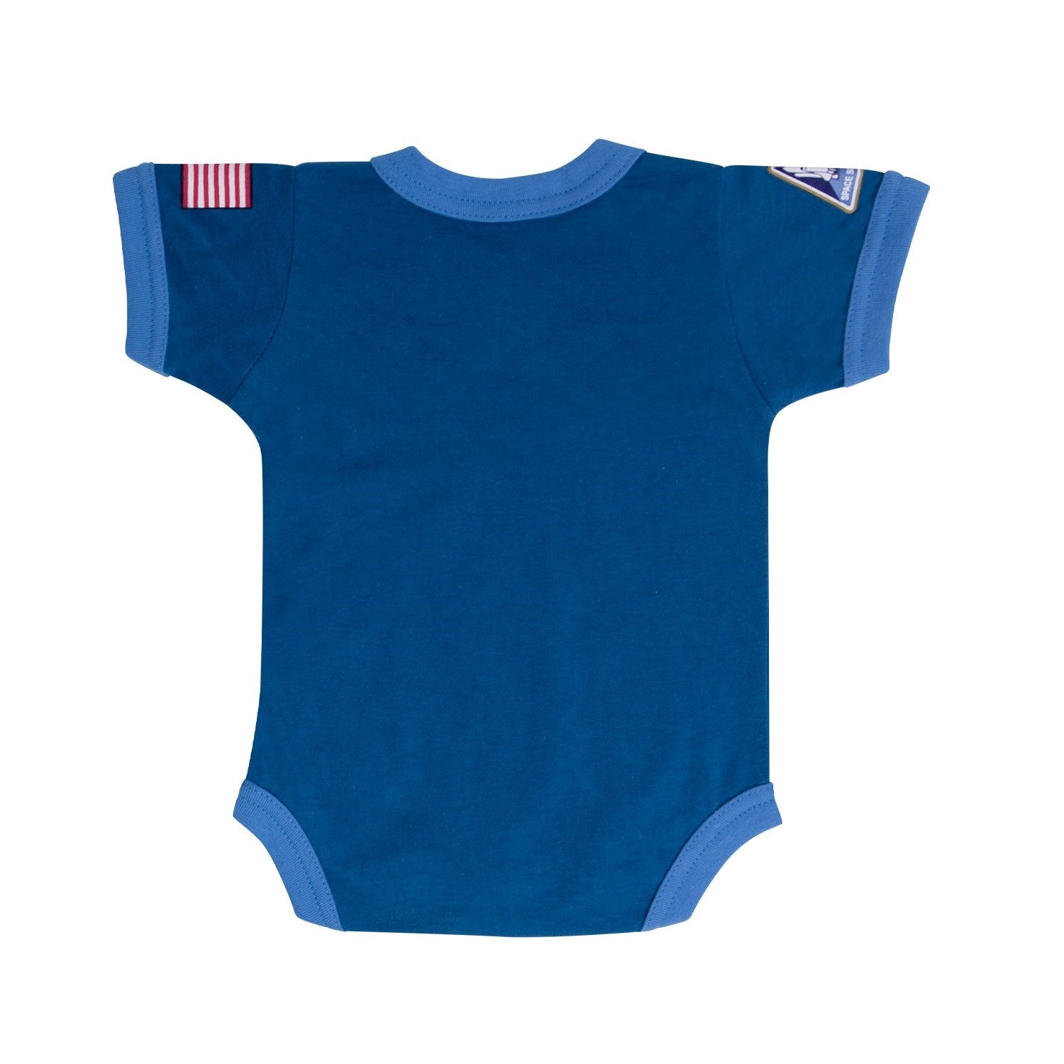 Body infantil azul claro con logo NASA, parche Space Shuttle y bandera USA