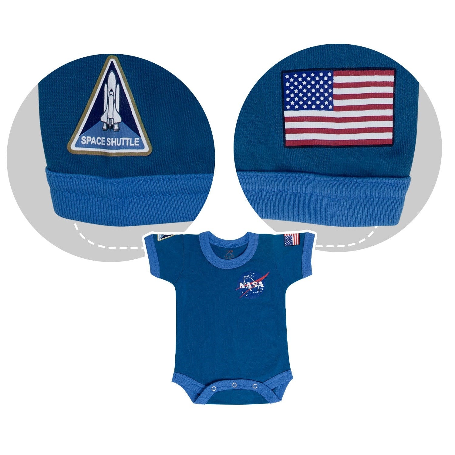 Body infantil azul claro con logo NASA, parche Space Shuttle y bandera USA