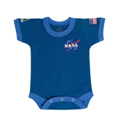 Body infantil azul claro con logo NASA, parche Space Shuttle y bandera USA