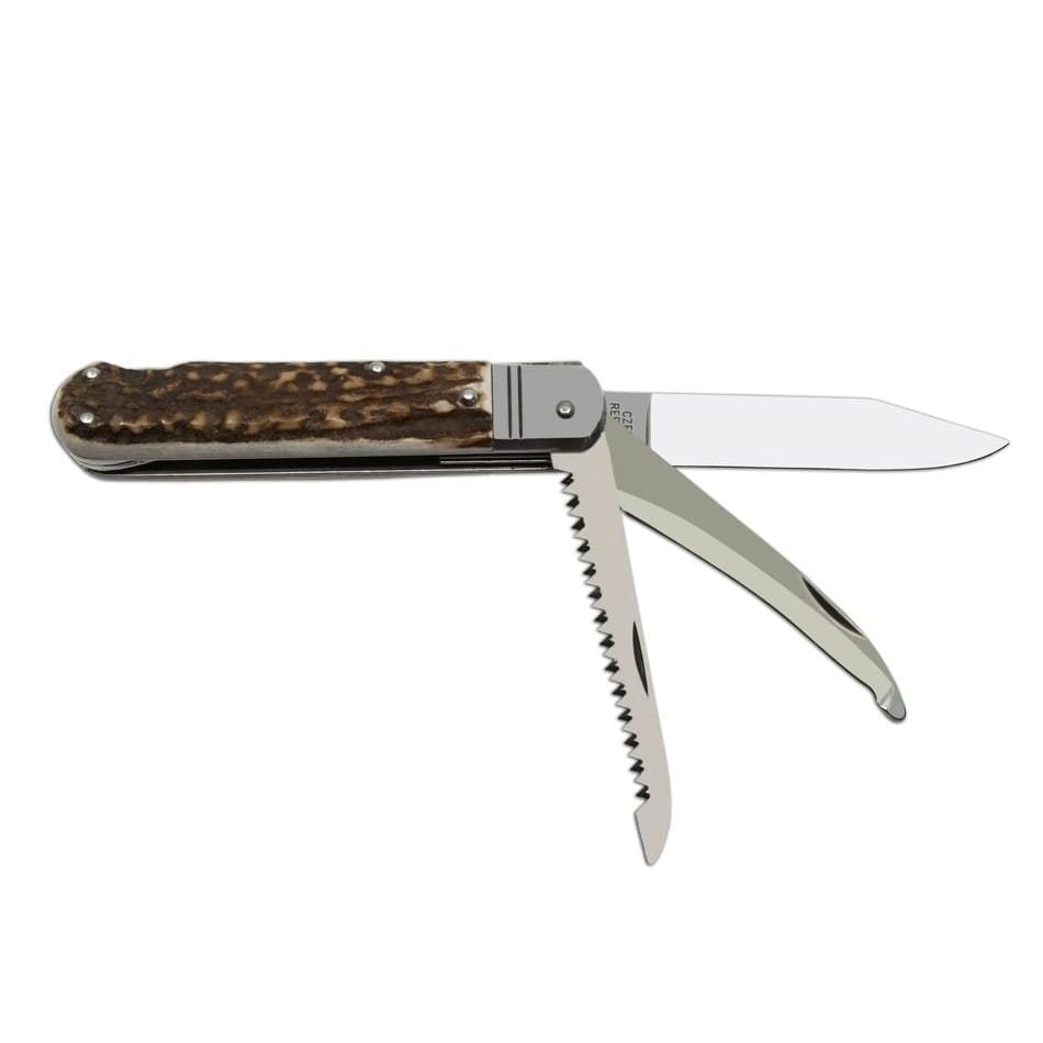 Cuchillo plegable FIXIR con empuñadura de asta de ciervo y funda de cuero