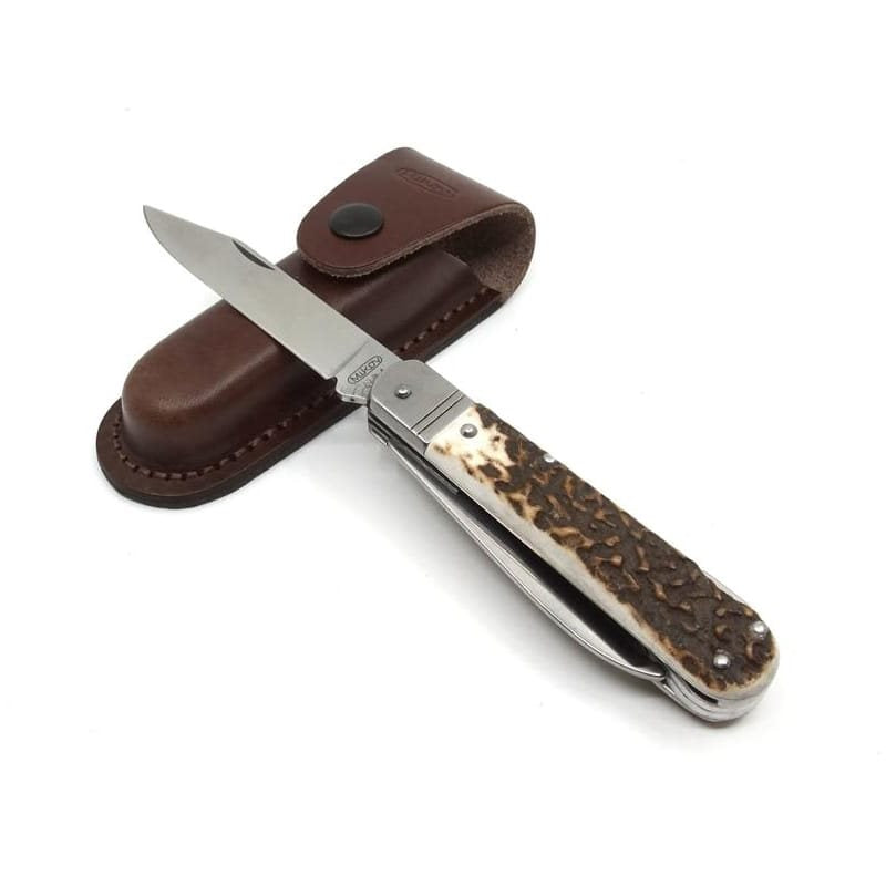 Cuchillo plegable FIXIR con empuñadura de asta de ciervo y funda de cuero