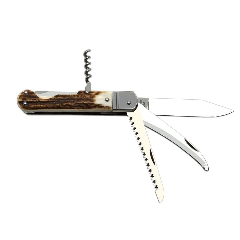 Navaja plegable FIXIR 4V/KP con mango de asta de ciervo y funda de cuero