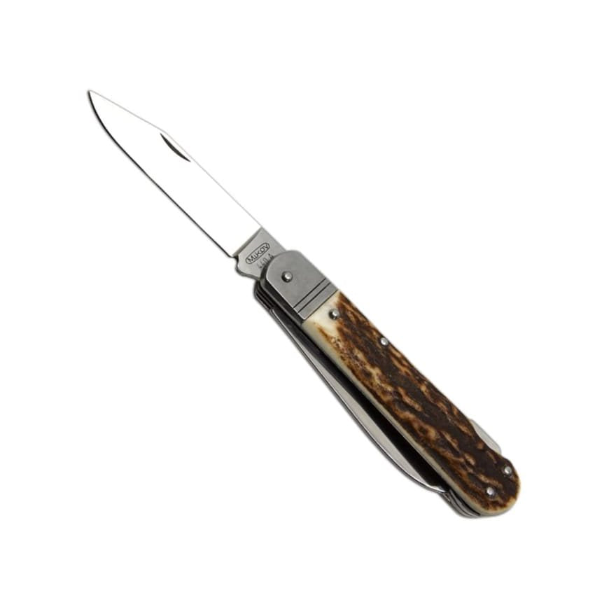 Navaja plegable FIXIR 4V/KP con mango de asta de ciervo y funda de cuero