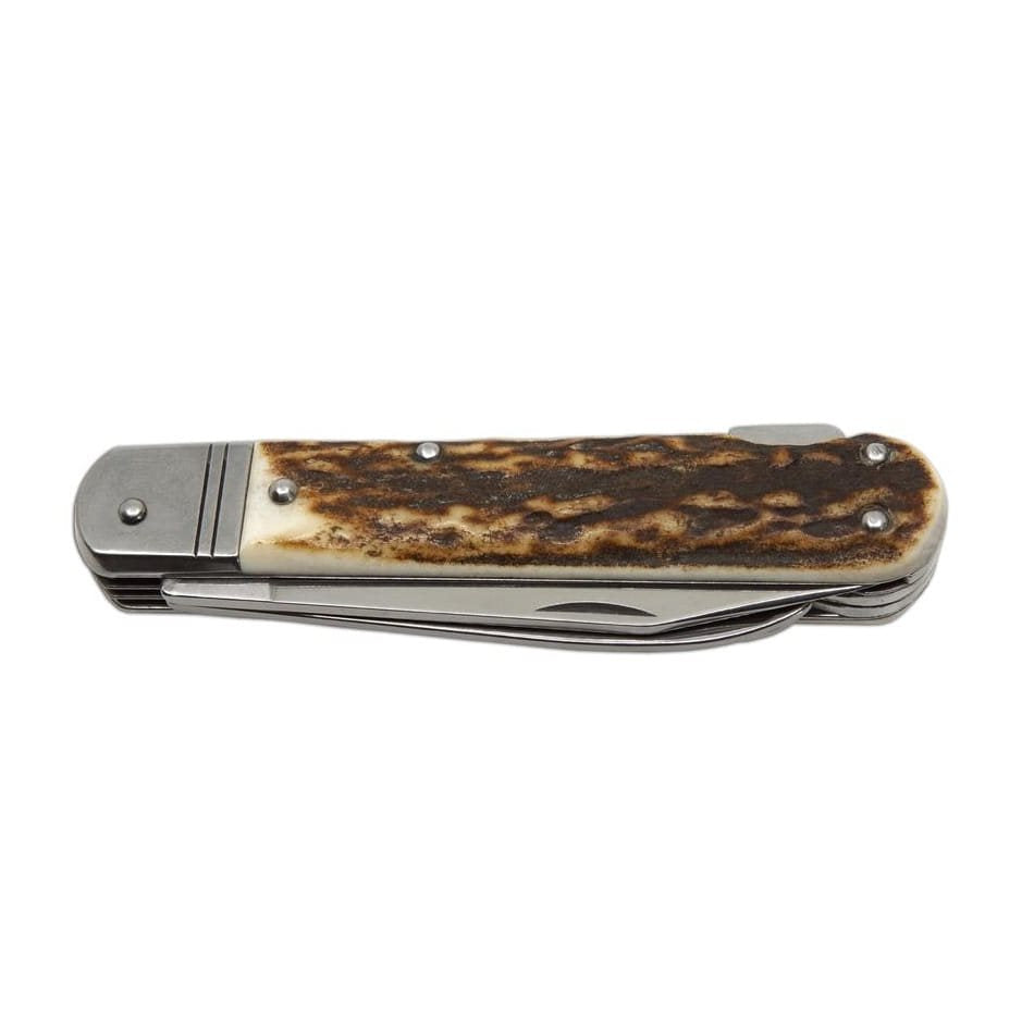 Navaja plegable FIXIR 4V/KP con mango de asta de ciervo y funda de cuero