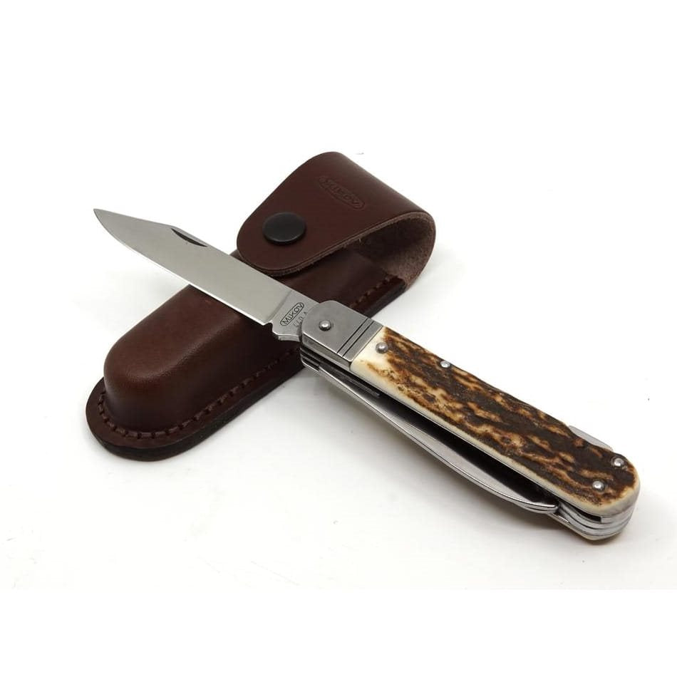 Navaja plegable FIXIR 4V/KP con mango de asta de ciervo y funda de cuero