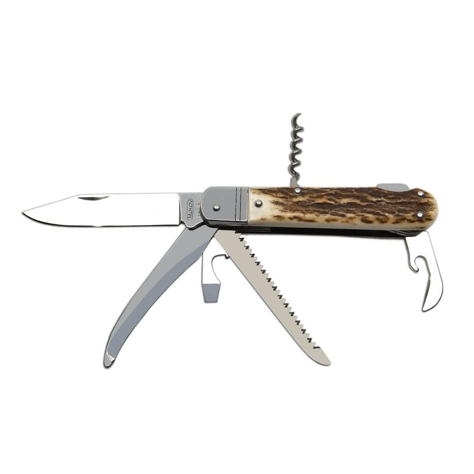 Cuchillo plegable FIXIR 6 KP con střenka JELENÍ PAROH, hoja nerezová ocel 440 A y funda de cuero