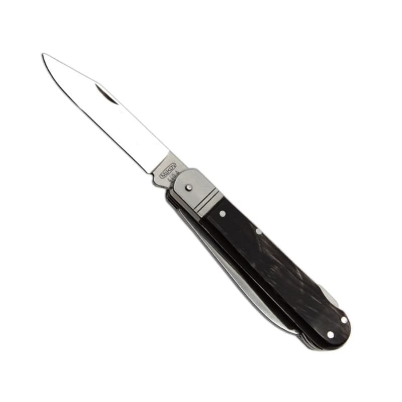 Navaja plegable acero 440A con mango de cuerno de bufalo y funda de cuero
