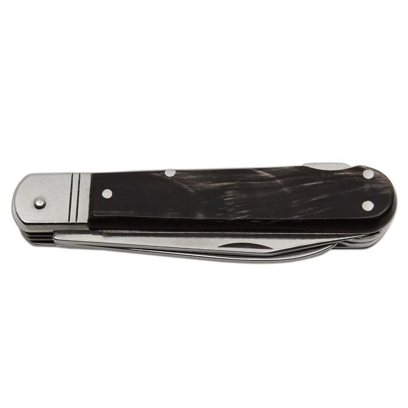 Navaja plegable acero 440A con mango de cuerno de bufalo y funda de cuero