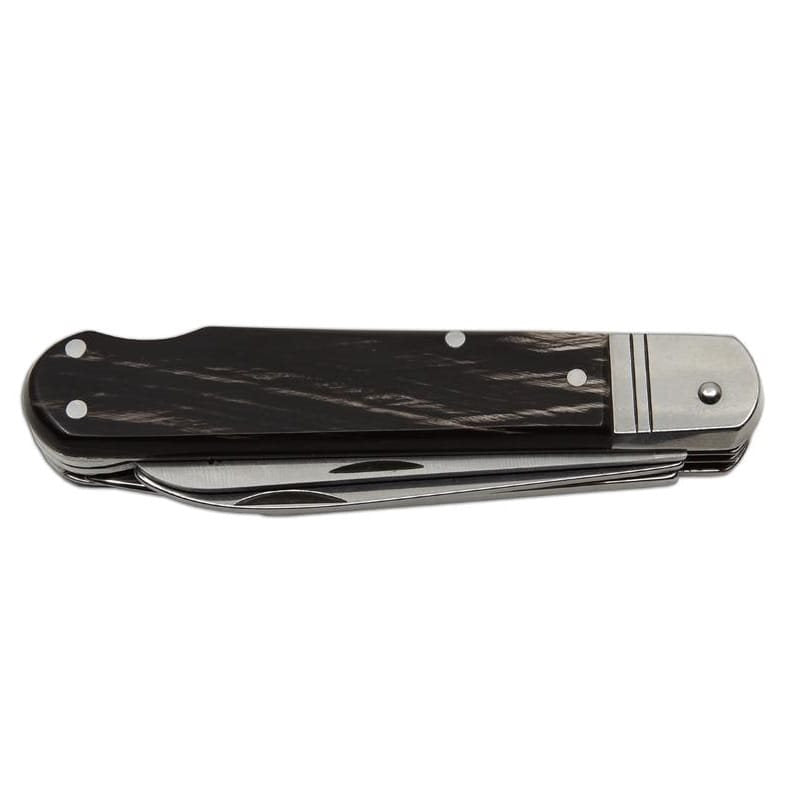 Navaja plegable acero 440A con mango de cuerno de bufalo y funda de cuero