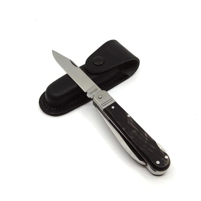 Navaja plegable acero 440A con mango de cuerno de bufalo y funda de cuero