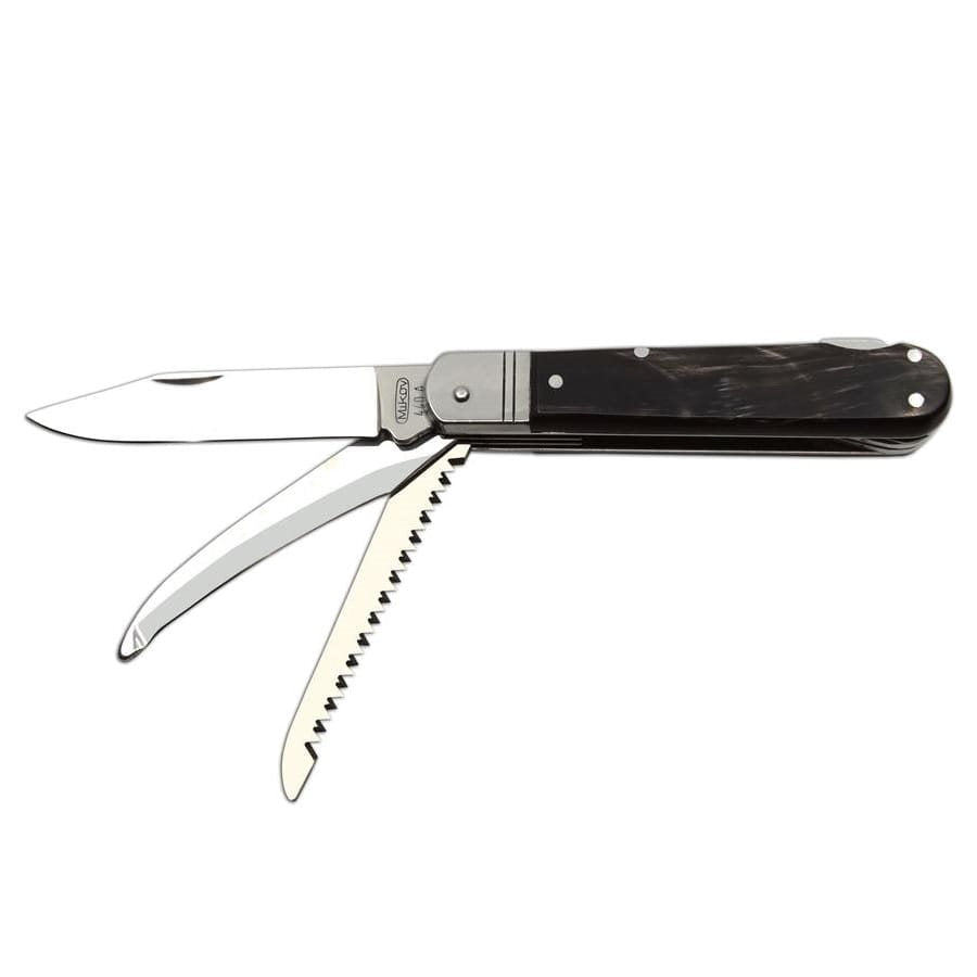 Navaja plegable acero 440A con mango de cuerno de bufalo y funda de cuero