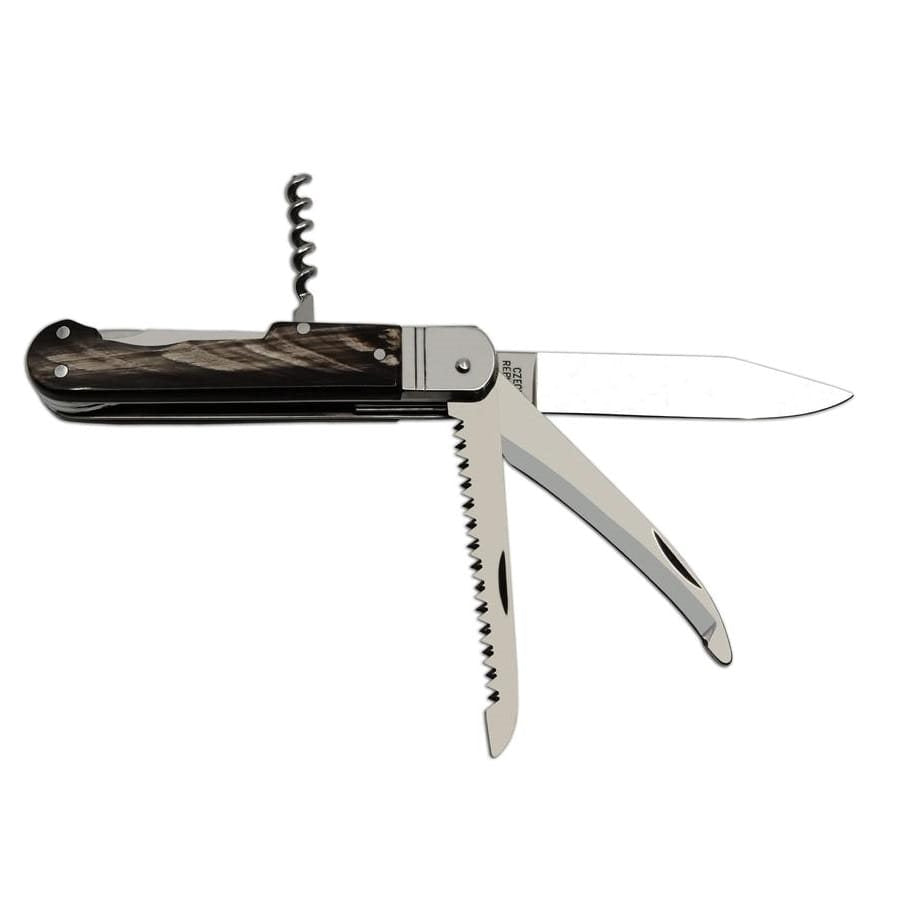 Navaja plegable acero 440 con mango de cuerno de buey, funda de cuero y cierre de seguridad