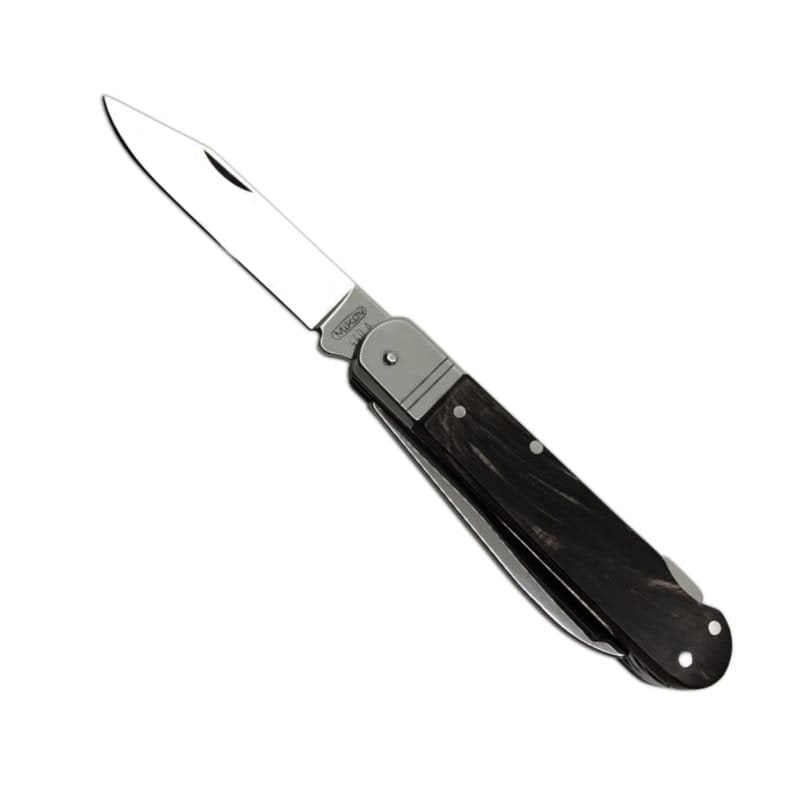 Navaja plegable acero 440 con mango de cuerno de buey, funda de cuero y cierre de seguridad