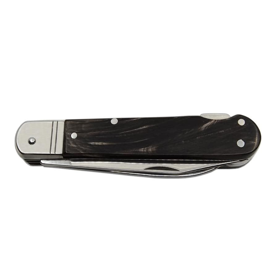 Navaja plegable acero 440 con mango de cuerno de buey, funda de cuero y cierre de seguridad