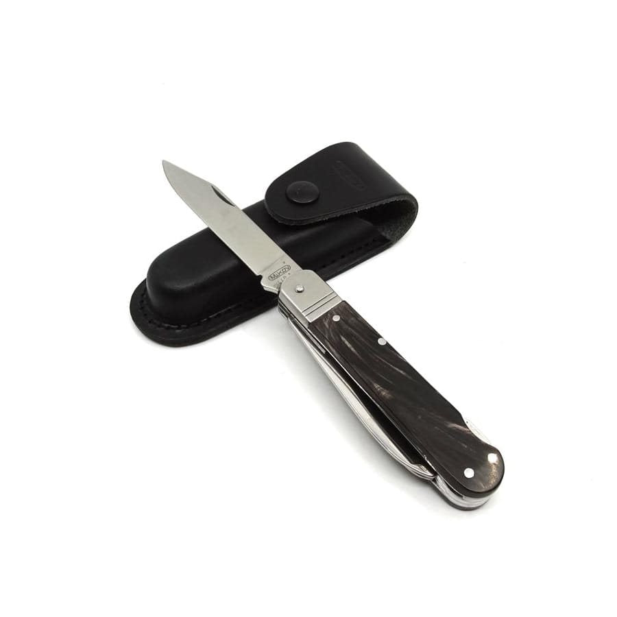 Navaja plegable acero 440 con mango de cuerno de buey, funda de cuero y cierre de seguridad