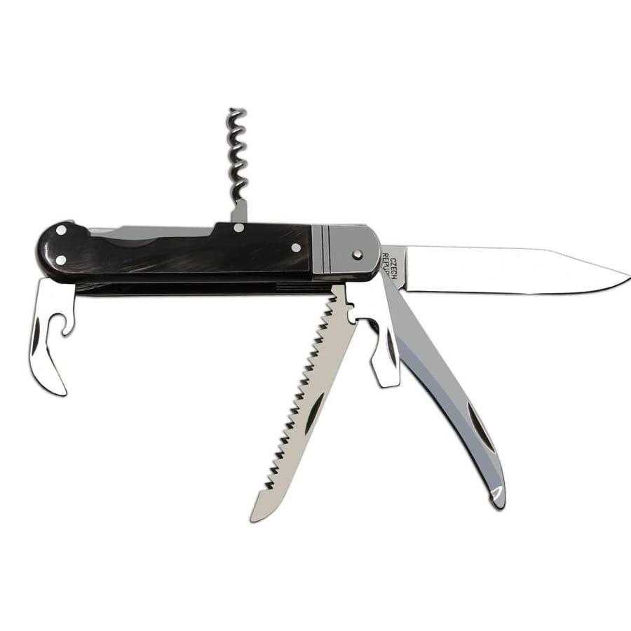 Navaja plegable acero 440A con mango de cuerno de búfalo y funda de cuero