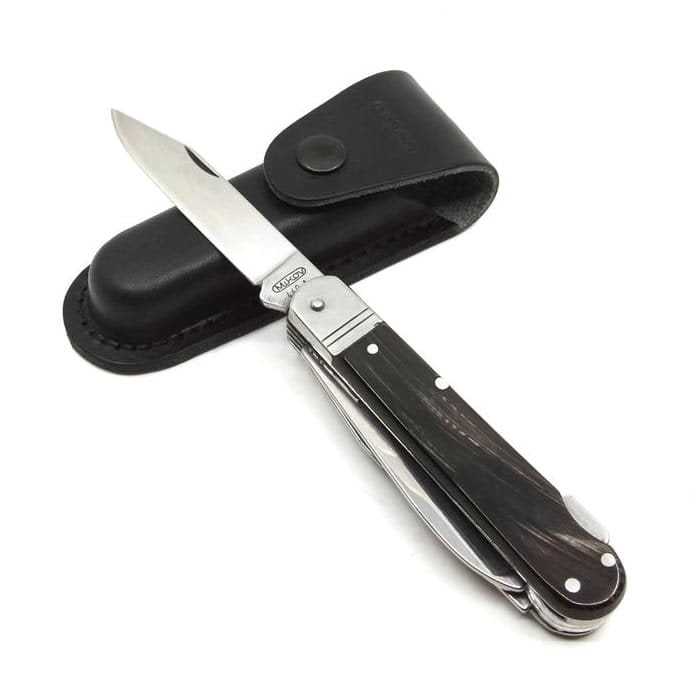 Navaja plegable acero 440A con mango de cuerno de búfalo y funda de cuero