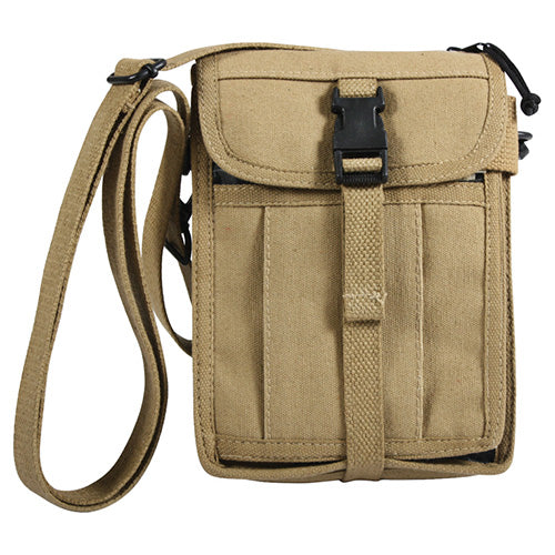Bolsa bandolera VENTURER de lona color coyote con correa desmontable y múltiples bolsillos