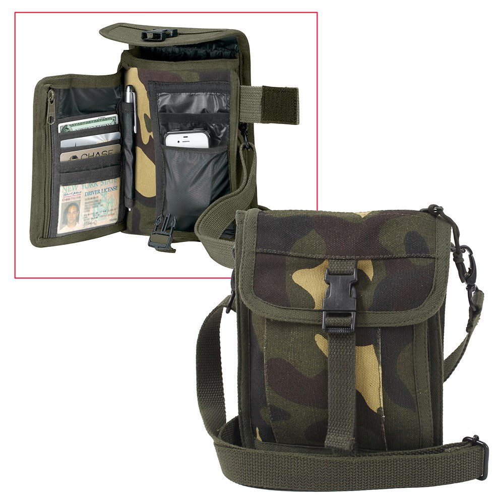 Bolsa bandolera VENTURER de lona color coyote con correa desmontable y múltiples bolsillos