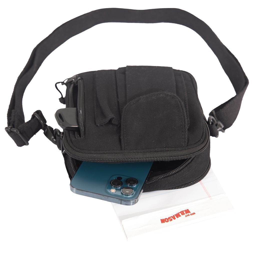 Bandolera EXCURSION negra en lona resistente estilo army con cremalleras y bolsillo exterior para movil