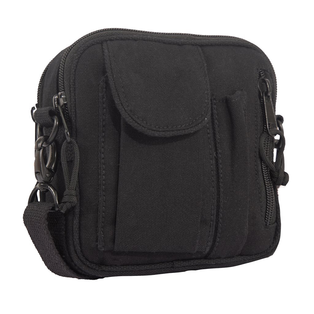 Bandolera EXCURSION negra en lona resistente estilo army con cremalleras y bolsillo exterior para movil